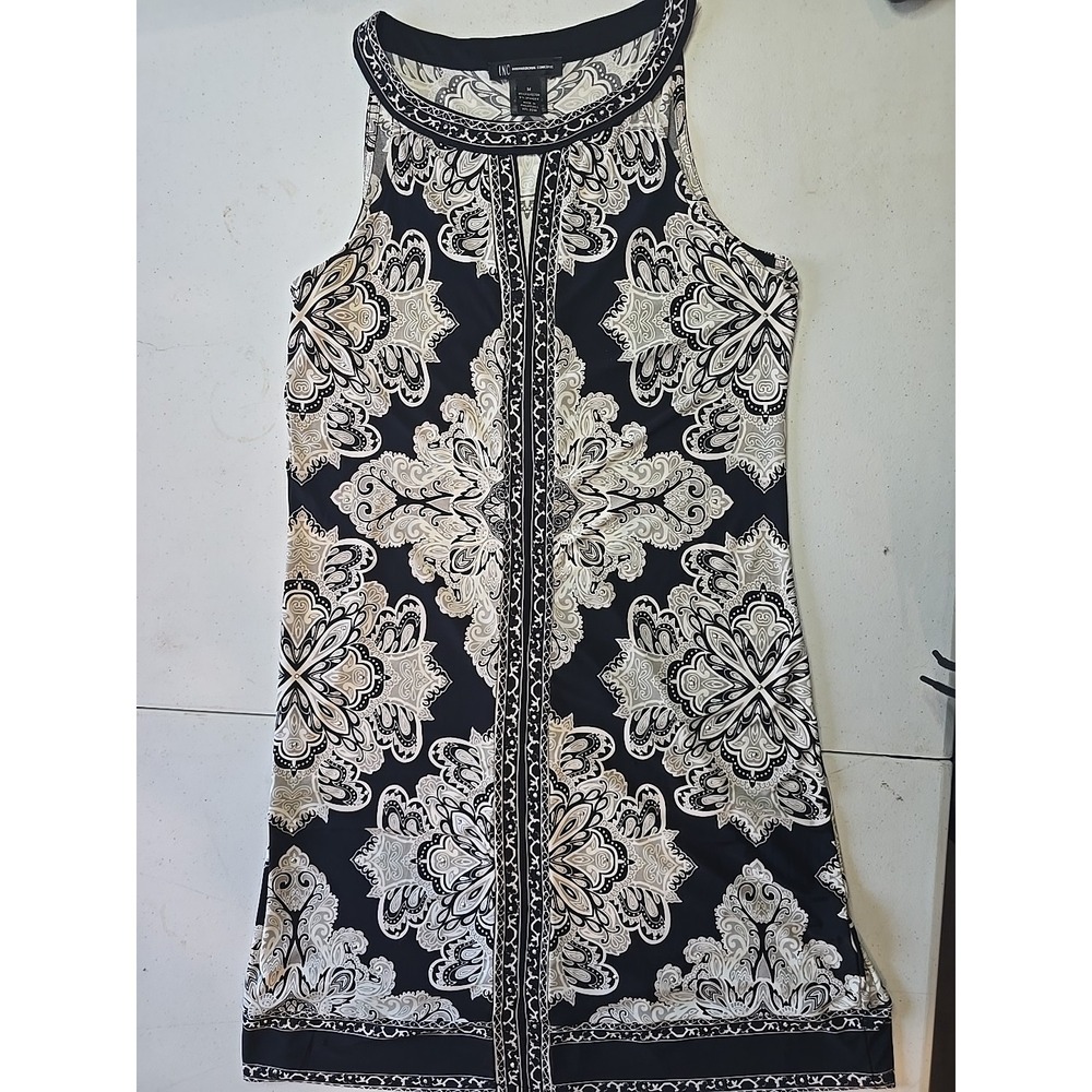 INC INTERNATIONAL CONCEPTS Medium Black White Floral Shift Dress Keyhole Bling‎